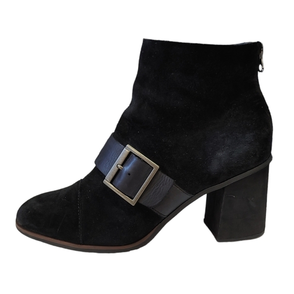 Kork-Ease Shoes - Kork Ease Black Suede Square Toe Buckle Ankle Heels Booties Women's Size 9.5